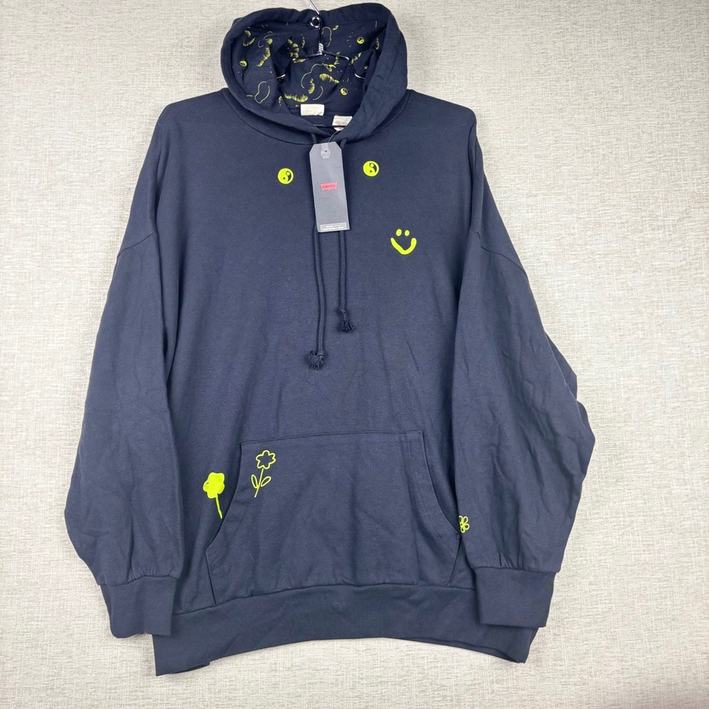 Levis Mens Relaxed Graphic Hoodie Navy Blue Neon Yin Yang Smiley Face Large NWT